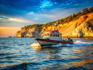 Obraz premium Coast Guard Patrol Boat on Black Sea Shore - Dramatic Coastal Scene