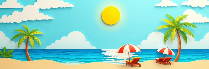 Obraz premium Relaxing Beach Scene with Palm Trees and Comfortable Chairs Under a Bright Blue Sky and Gentle Waves