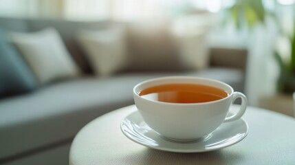 Rare illness patient sipping tea in a tranquil living room. Featuring comfort and mental clarity