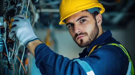 A skilled electrician, clad in a bright yellow hard hat and a pristine blue uniform, meticulously fixed a faulty ceiling wire within a modern office building. His focused gaze and steady hand exuded