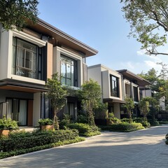 Modern houses line a picturesque avenue, surrounded by lush greenery and a clear blue sky, creating a serene residential environment.