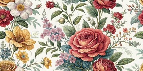 Renaissance Floral Double Exposure, Classic Art Background, Vintage Flower Pattern, AI Art, Digital Painting