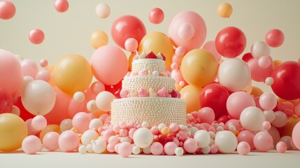 Celebratory birthday cake surrounded by colorful balloons studio setting food photography cheerful atmosphere