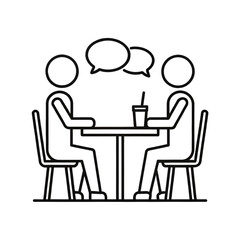 A simple black and white icon-style drawing of two stick figures sitting at a table on a transparent background