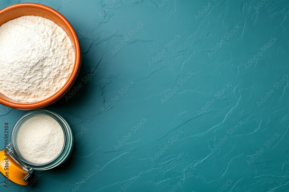 Leinwandbilder photo of a bowl and jar with flour on a dark blue background, top view for a banner template design.