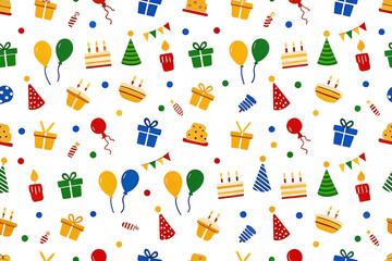 Colorful birthday party seamless pattern with balloons, cake, gifts, and confetti.