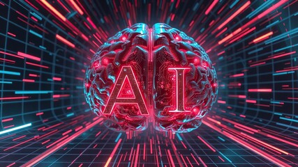 Fototapeta premium A metallic brain glowing in red and blue with the letters 
