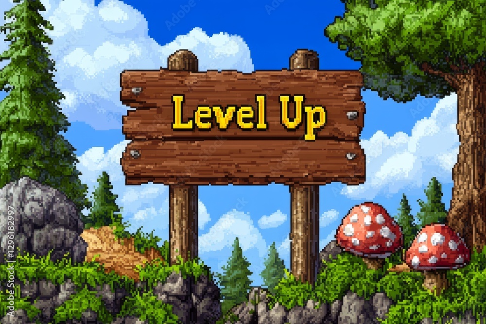 Aufkleber Pixel art game style: A billboard with the text 