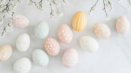 Obraz premium A modern take on Ukrainian Pysanky, featuring pastel-colored eggs with minimalist folk-inspired designs