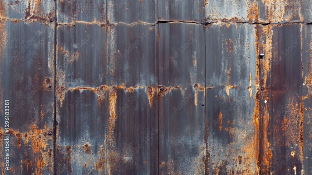 Poster layers of rust and wear create an intriguing texture on the weathered metal wall, reflecting urban d