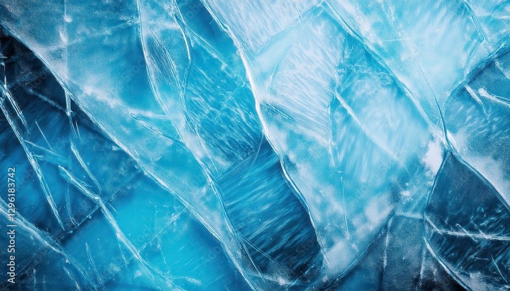 Aufkleber cracked blue ice texture with sharp fractures and frosty patterns, natural abstract background for w