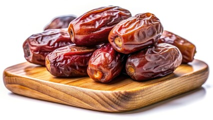Rich, dark Medjool dates displayed on a weathered cutting board, isolated for clean, impactful imagery.