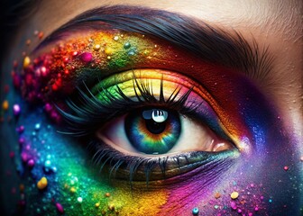 Colorful Eye Makeup Closeup, Double Exposure, Dark Background, Beauty Art