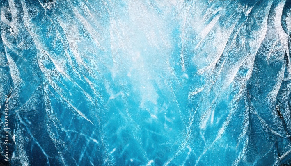 Poster cracked blue ice texture with sharp fractures and frosty patterns, natural abstract background for winter design and graphics

