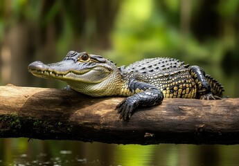 Fototapeta premium Serene Crocodile Resting on Log by Calm Water Surrounded by Lush Greenery in Tropical Habitat Captured in High-Resolution Detail