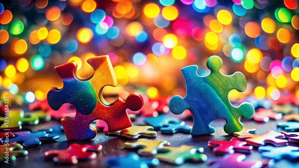 Wall mural colorful interlocking puzzle pieces with bokeh background - abstract stock photo