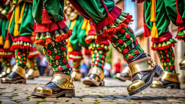 Colorful Morris Dancer Feet & Bells, Traditional English Folk Dance, Close Up