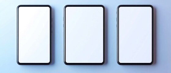 Three smartphones with blank screens, arranged in a row on a light blue background.