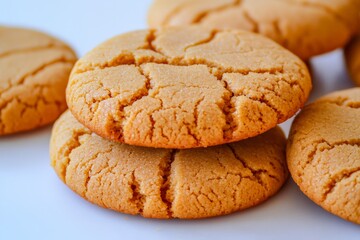 The photo shows an assortment of large, round, and soft peanut butter cookies stacked on top of each other with the corners pointing down towards the viewer. The cookie surface is smooth without