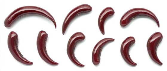 Collection of ten maroon, glossy, curved shapes resembling claws or talons, isolated on a white background.