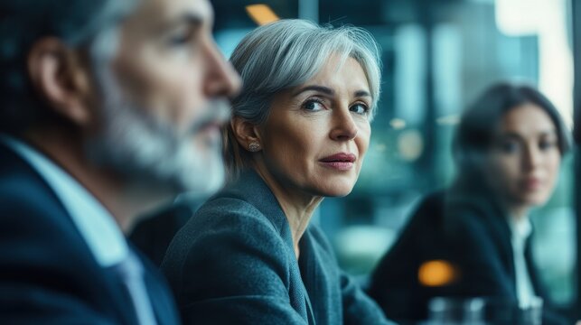 A dynamic tableau of focused minds, where a group of businesspeople, united by purpose, convene in a sleek, modern conference room. Their faces, etched with concentration, reflect the intensity of