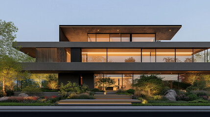 Fototapeta premium Modern Luxury Home: An architectural marvel, a modern luxury home with sleek lines, expansive glass windows, and integrated outdoor spaces, seamlessly blending nature with sophisticated living. 