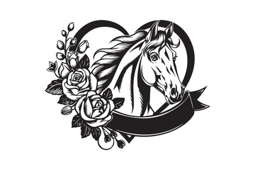Graceful Horse with Floral Heart Frame vector