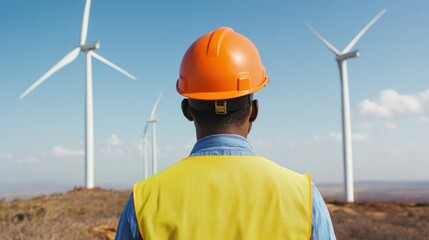 A worker in an orange hard hat and safety vest observes wind turbines against a clear blue sky, symbolizing renewable energy and sustainability.