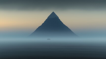 Fototapeta premium A towering pyramid quietly rises from the foggy landscape, reflecting the tranquil atmosphere of early morning in India