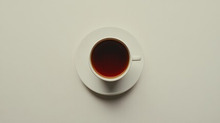 Overhead view of a cup of tea on a saucer.
