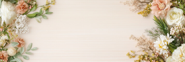 Light beige background with roses and flowers on the sides, banner with copy space and floral frame. Framework for wedding invitation or card