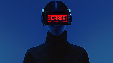 Digital Error: A mysterious figure wears a futuristic headset displaying the word "ERROR", bathed in cool blue light. The image evokes a sense of digital disruption.