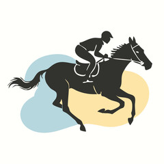 A black silhouette of a jockey riding a galloping horse, captured in mid-motion 