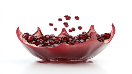 Open pomegranate with seeds levitating, juice spilling.