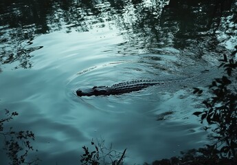 Obraz premium Serene Evening Reflection of a Crocodile Swimming in Calm Waters Surrounded by Lush Greenery and Soft Light Illuminating the Landscape