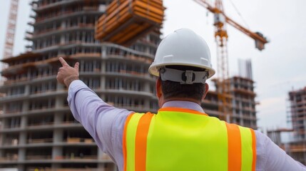 A construction manager in a hard hat and safety vest directs operations at a building site with cranes and scaffolding in the background.
