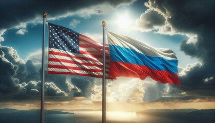 Two national flags, USA and Russia, wave against a dramatic sky at sunset, symbolizing diplomacy, international relations, geopolitics, or political tension.