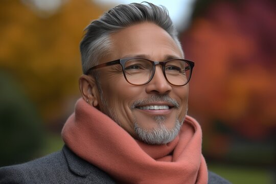 An active person in their 40s to 60s strolls through a vibrant park, wearing progressive glasses and exuding a joyful spirit
