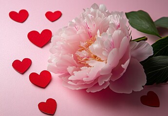 Obraz premium Romantic Pink Peony Flower Surrounded by Bright Red Hearts