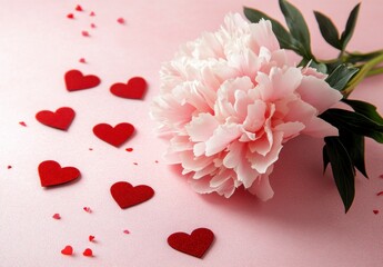 Fototapeta premium Romantic Pink Flower Arrangement with Heart Shapes on Pink Background