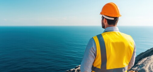 A worker in a safety helmet and vest observes the calm ocean, standing on a rocky shore under a clear blue sky.