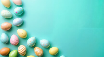 Obraz premium Bright and colorful Easter eggs scattered on a turquoise background. Pastel and bold hues, glossy and matte textures, lively composition, even lighting, fresh spring theme, and joyful festive mood.