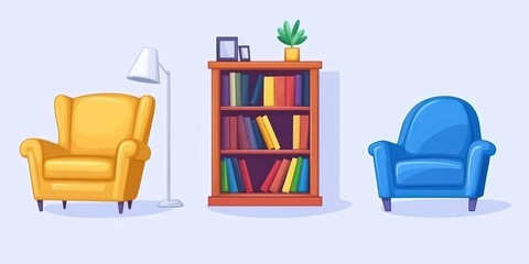 Cozy Living Room Armchairs Bookcase and Lamp