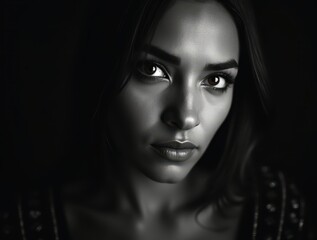 High-contrast black and white portrait of intense gaze