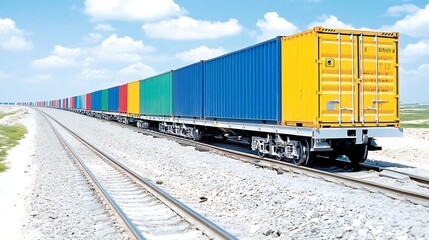 Fototapeta premium Colorful Cargo Train Transporting Shipping Containers on Railway Tracks
