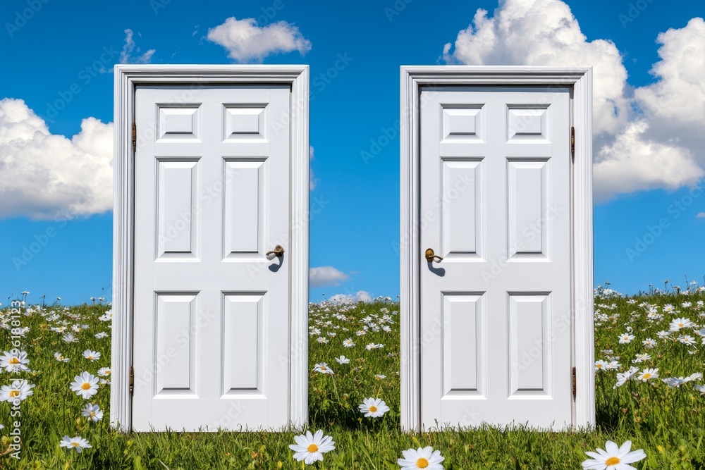 Poster two white doors stand side by side in the middle of an open field, with a beautiful blue sky and clo