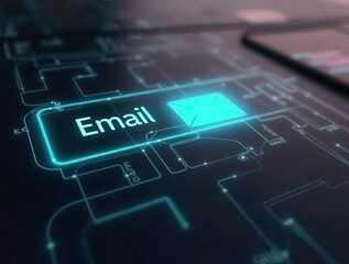 Email button sending electronic messages on futuristic interface