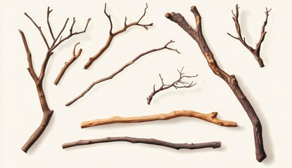 Obraz premium Natural Wood Sticks and Branches on Light Background for Decoration