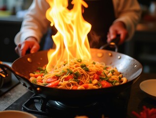 Chef preparing noodles and vegetables in flaming wok
