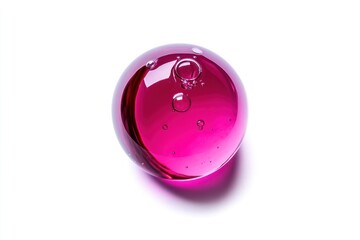 Pink glass sphere with air bubbles isolated on white background.
